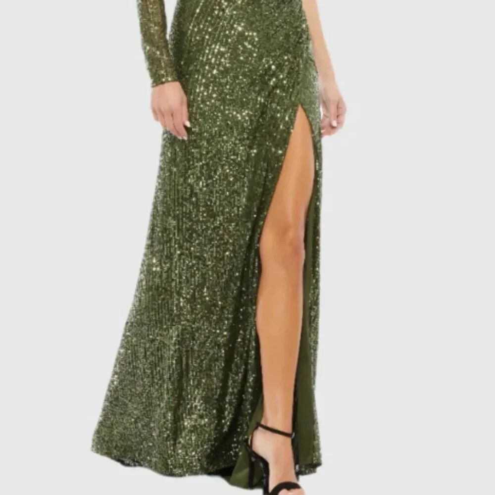 MAC DUGGAL 26571 One Shoulder Long Sleeve Thigh High Slit Sequin Gown 12 OLIVE - Picture 8 of 11